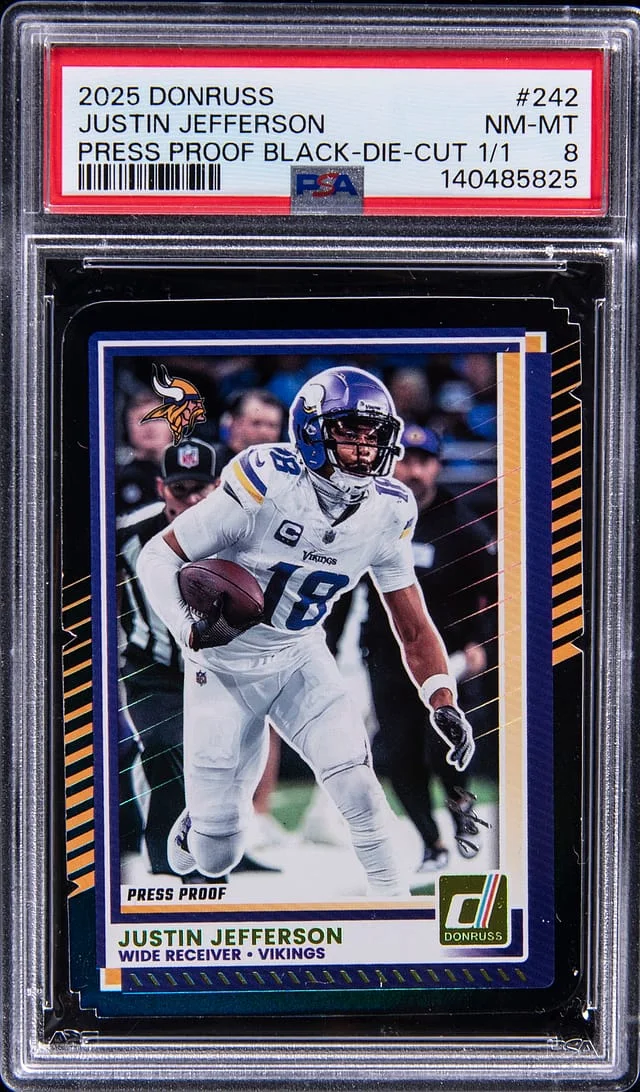 2025 Donruss Justin Jefferson Press Proof Black Die Cut #242 card image