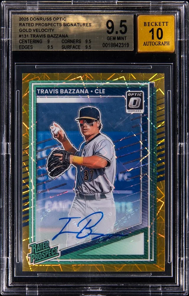 2025 Donruss Optic Travis Bazzana Rated Prospects Signatures Gold Velocity #131 card image