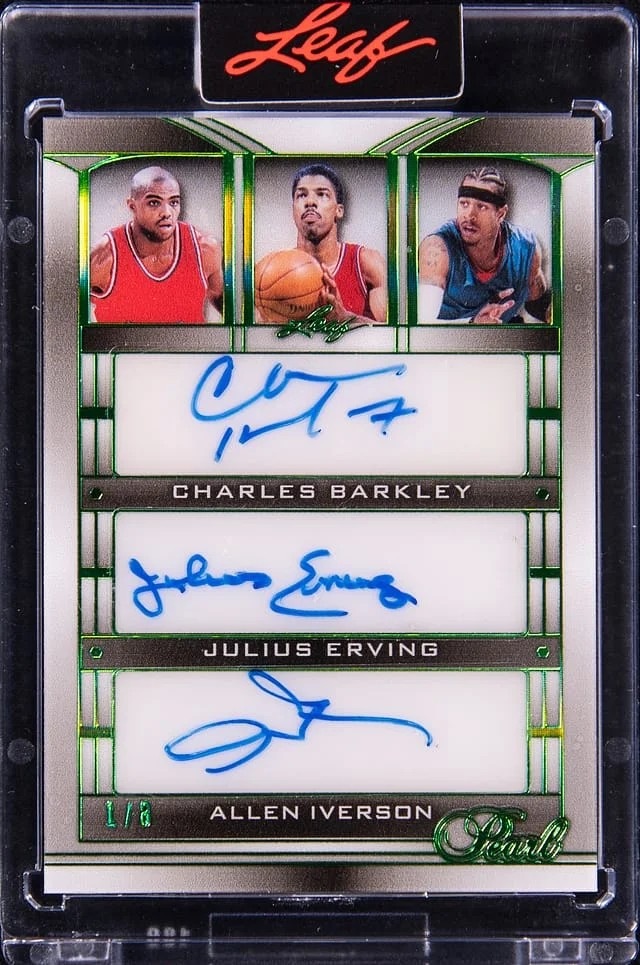 2025 Leaf Charles Barkley/Julius Erving/Allen Iverson Multi-Signed Card - Leaf Encased Pearl Pearl Signatures Triple Green Spectrum #S3-1 card image