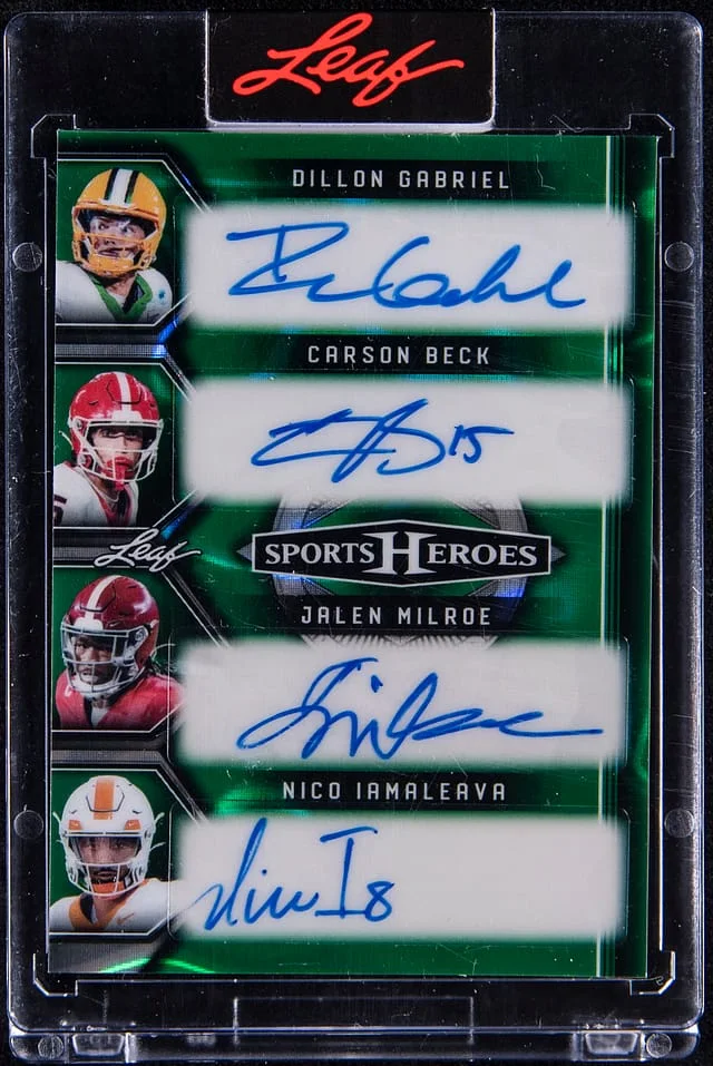 2025 Leaf Dillon Gabriel/Carson Beck/Jalen Milroe/Nico Iamaleava/Miller Moss/Drew Allar/Cameron Ward/Jaxson Dart Multi-Signed - Leaf Encased Sports Heroes #H8-1 card image