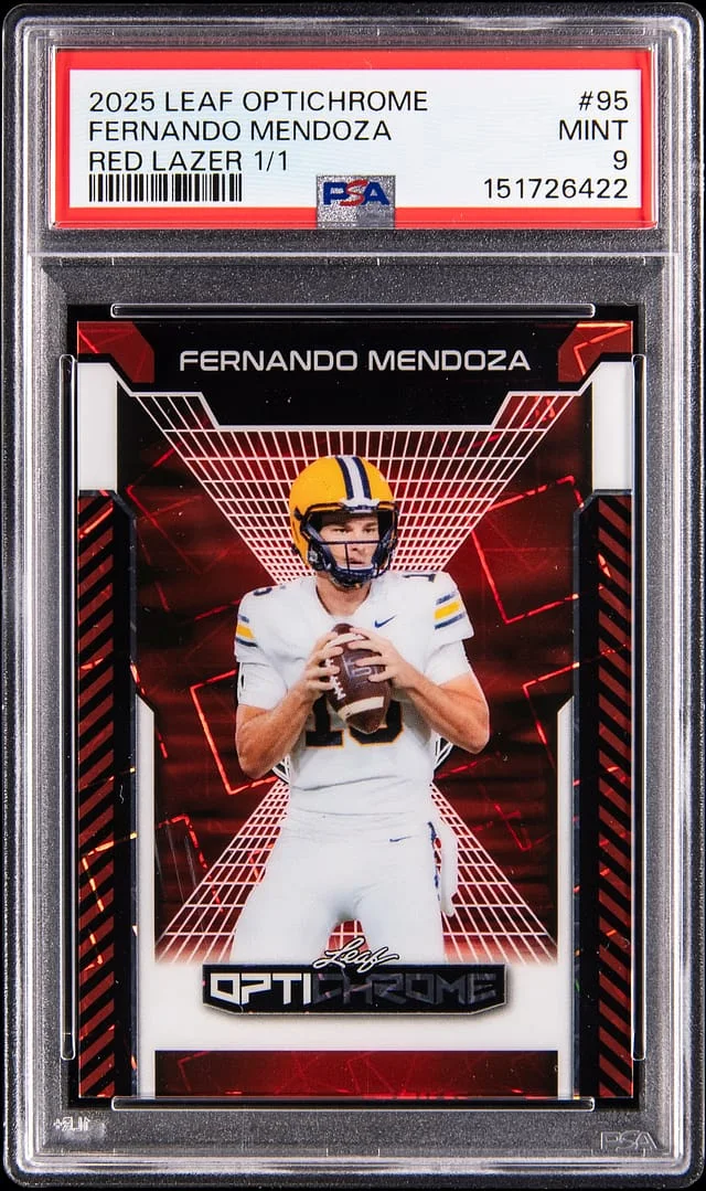 2025 Leaf Fernando Mendoza Optichrome Red Lazer #95 card image