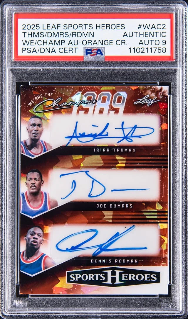 2025 Leaf Isiah Thomas/Joe Dumars/Dennis Rodman Multi-Signed Sports Heros We Are The Champions Autographs Orange Crystals #WAC-2 card image