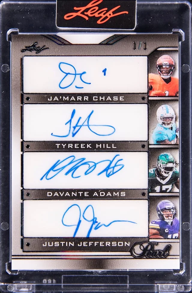 2025 Leaf Ja'Marr Chase/Tyreek Hill/Davante Adams/Justin Jefferson Multi-Signed Card - Chase's Jersey Number - Leaf Encased Pearl Quad Autograph Black #S4-2 card image