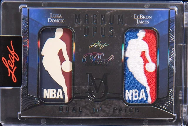 2025 Leaf Luka Doncic/LeBron James Game-Used Logoman Pearl Magnum Opus Dual Patch #MD-01 card image