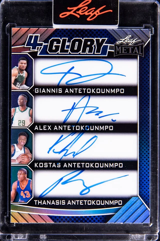 2025 Leaf Metal Giannis Antetokounmpo/Alex Antetokounmpo/Kostas Antetokounmpo/Thanasis Antetokounmpo Multi-Signed Card - Leaf Encased Authentics Multi-Sport 4 Glory #4G-1 card image