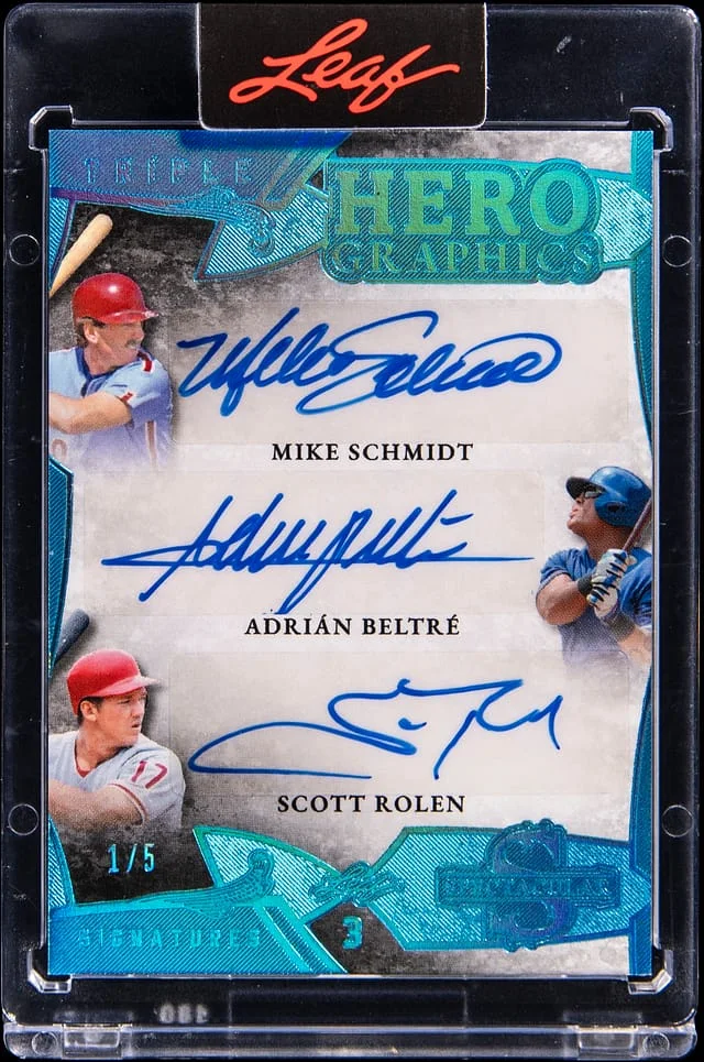 2025 Leaf Mike Schmidt/Adrian Beltre/Scott Rolen Multi-Signed Card - Leaf Encased Spectacular Hero Graphics Triple Signatures #H3-7 card image
