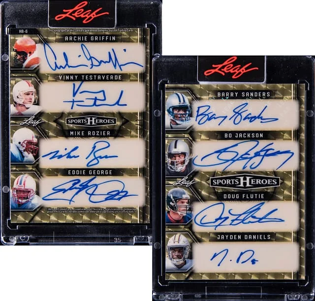 2025 Leaf Sanders/Jackson/Flutie/Daniels/Griffin/Testaverde/Rozier/George Multi-Signed Card - Leaf Encased Sport Heroes Octa-Signatures Gold Prismatic #H8-6 card image