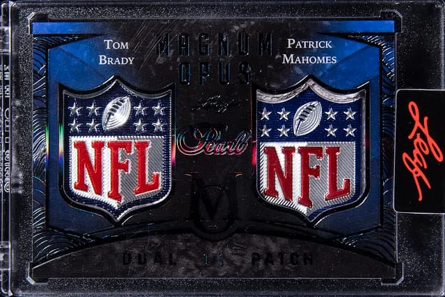 2025 Leaf Tom Brady/Patrick Mahomes II Game-Used NFL Shield Pearl Magnum Opus #MO-02 card image