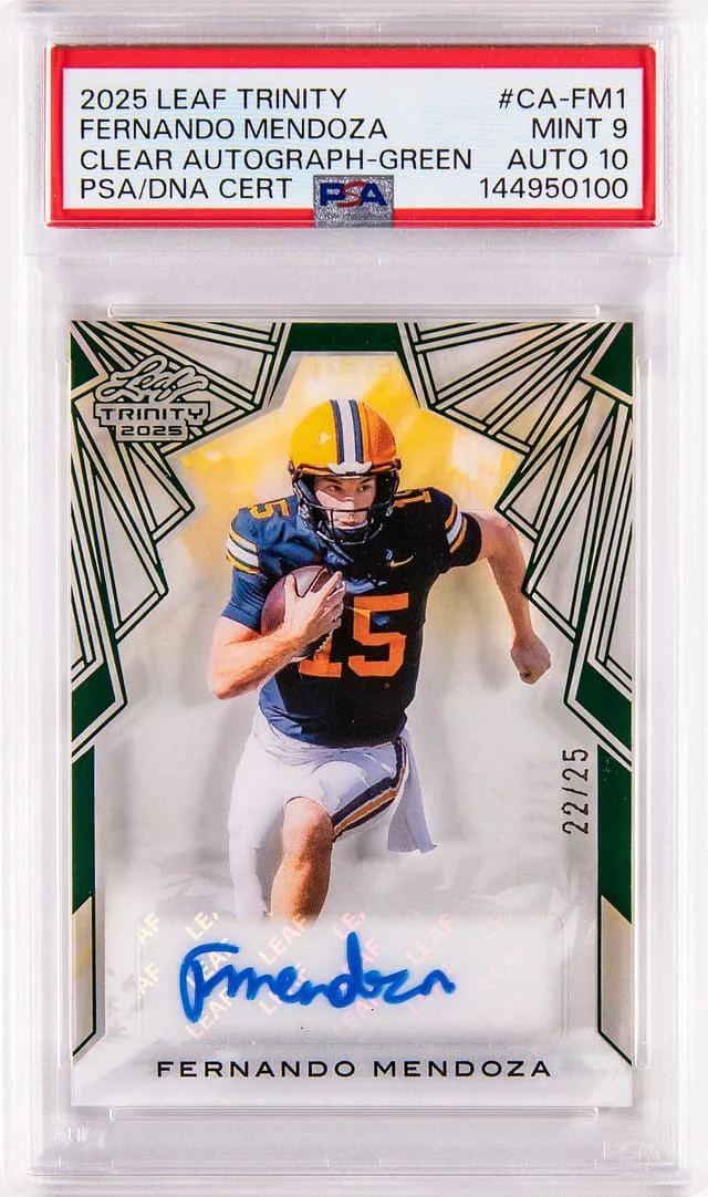 2025 Leaf Trinity Fernando Mendoza Clear Autograph Green #CA-FM1 card image