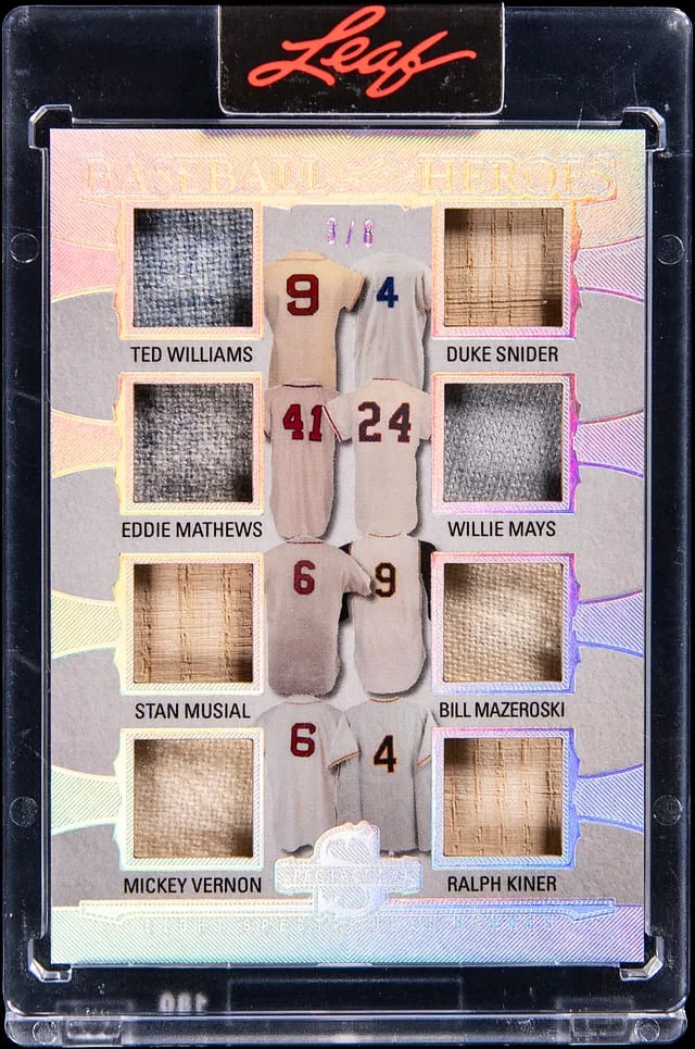 2025 Leaf Williams/Mathews/Musial/Vernon/Snider/Mays/Mazeroski/Kiner Multi-Relic Card - Leaf Encased Spectacular Baseball Heroes #BH-8 card image
