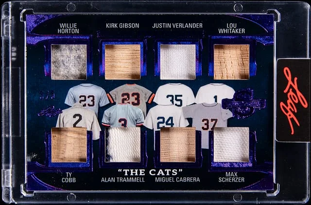 2025 Leaf Willie Horton/ Kirk Gibson/ Justin Verlander/ Lou Whitaker/ Ty Cobb/ Alan Trammell/ Miguel Cabrera/ Max Scherzer Multi-Relic Card - Leaf Encased Spectacular Franchise Eight Swatch - The Cats #TF-6 card image