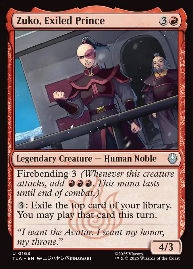 2025 Avatar: The Last Airbender Zuko, Exiled Prince #163 uncommon card image
