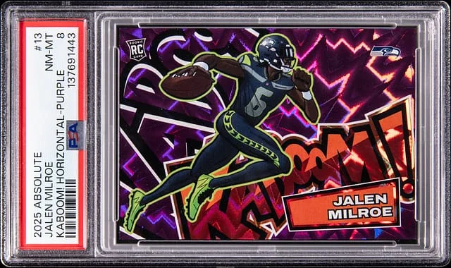2025 Panini Absolute Jalen Milroe Kaboom! Horizontal Purple #13 card image