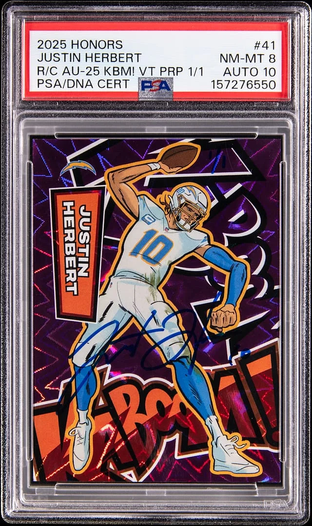 2025 Panini Absolute Justin Herbert Kaboom! Vertical Purple '25 Honors Recollection Collection Autographs #41 card image