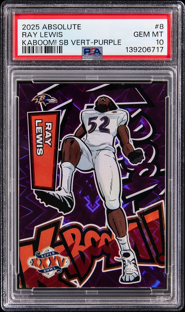 2025 Panini Absolute Ray Lewis Kaboom! Super Bowl Vertical Purple #8 card image
