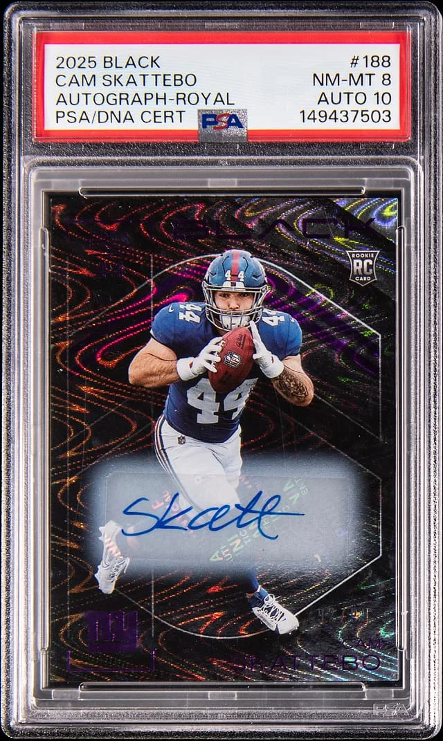 2025 Panini Black Cam Skattebo Autograph Royal #188 card image