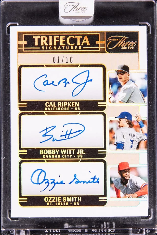 2025 Panini Cal Ripken Jr./Bobby Witt Jr./Ozzie Smith Multi-Signed Card - Panini Encased Three and Two Trifecta Signatures #TRI-SS card image