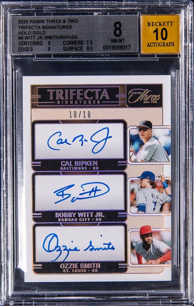 2025 Panini Cal Ripken/Bobby Witt Jr./Ozzie Smith Multi-Signed Three & Two Trifecta Signatures Holo Gold #TRI-SS card image
