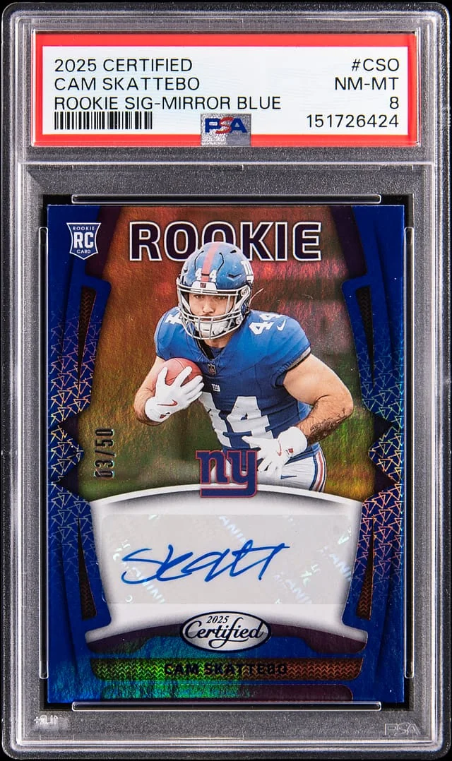 2025 Panini Certified Cam Skattebo Signatures Mirror Blue #RSI-CSO card image