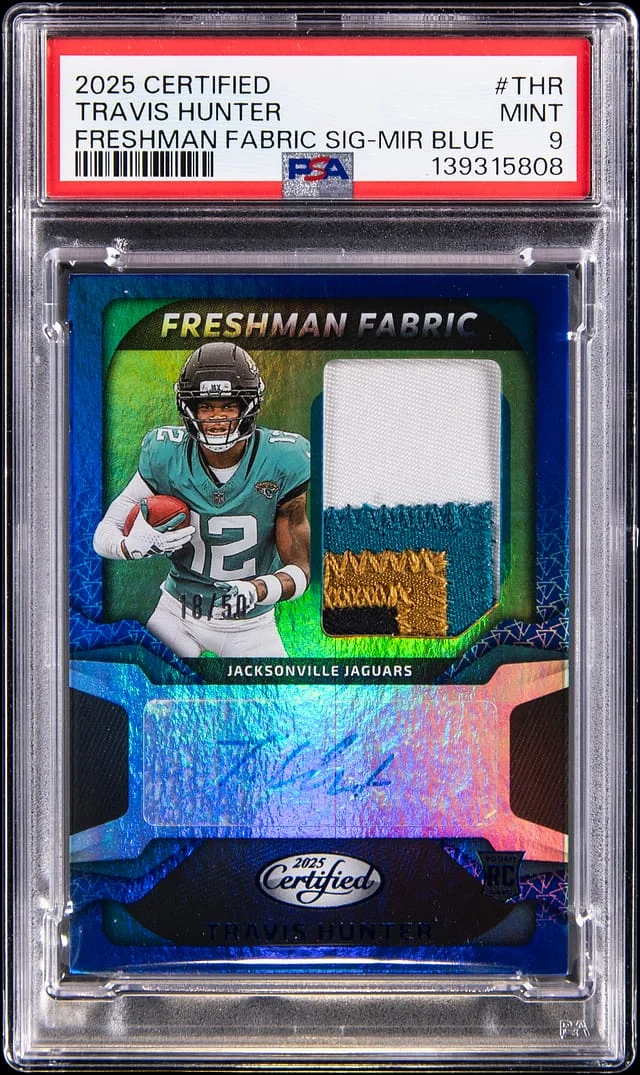 2025 Panini Certified Travis Hunter Freshman Fabric Mirror Signatures Blue #FBC-THR card image