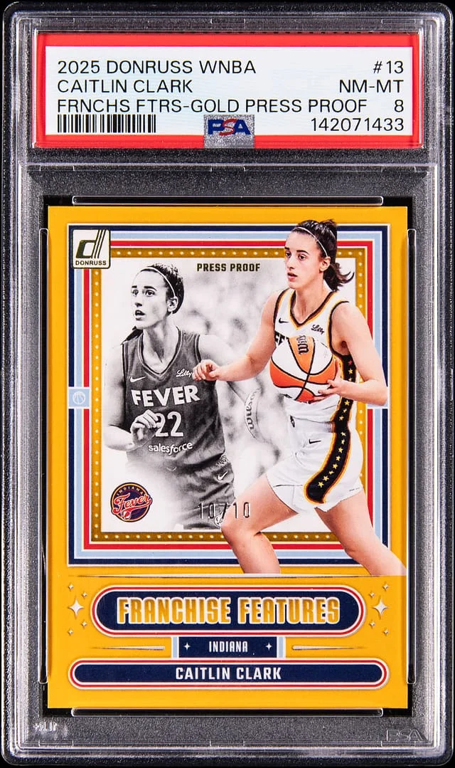 2025 Panini Donruss Caitlin Clark WNBA Franchise Features Gold Press Proof #13 card image