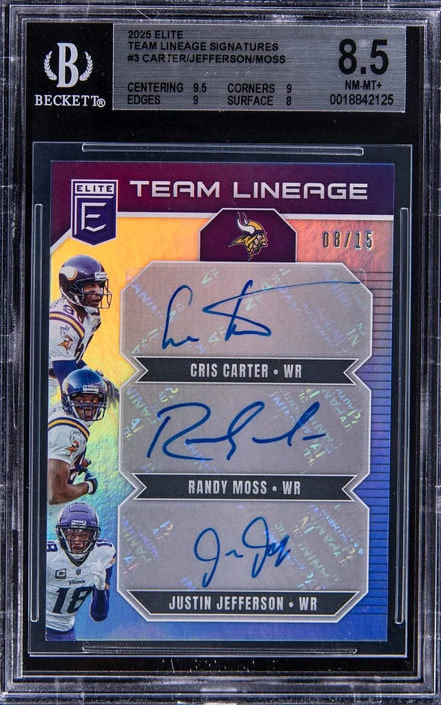 2025 Panini Donruss Cris Carter/Randy Moss/Justin Jefferson Multi-Signed Elite Team Lineage Signatures #TLS-MIN card image