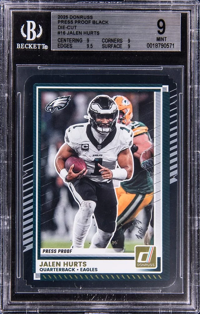2025 Panini Donruss Jalen Hurts Press Proof Black Die Cut #16 card image