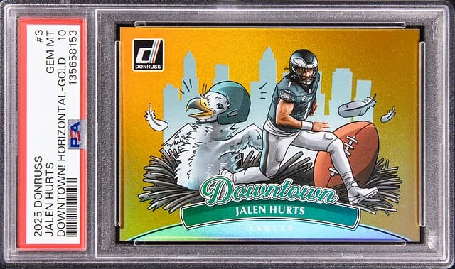 2025 Panini Donruss Jalen Hurts Downtown! Horizontal Gold #3 card image