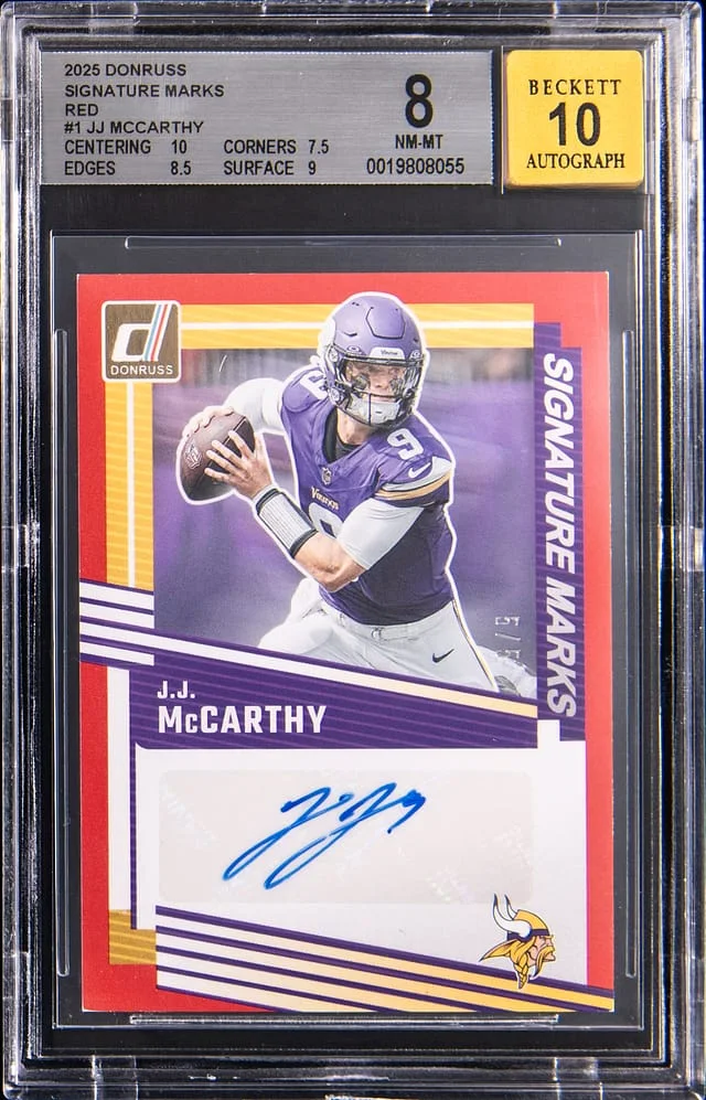 2025 Panini Donruss J.J. McCarthy Signature Marks Red #SM-JMY card image