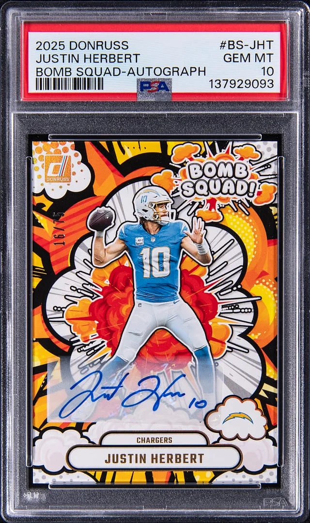 2025 Panini Donruss Justin Herbert Bomb Squad Autograph #BS-JHT card image