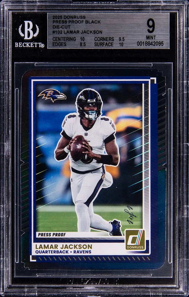2025 Panini Donruss Lamar Jackson Press Proof Black Die-Cut #102 card image