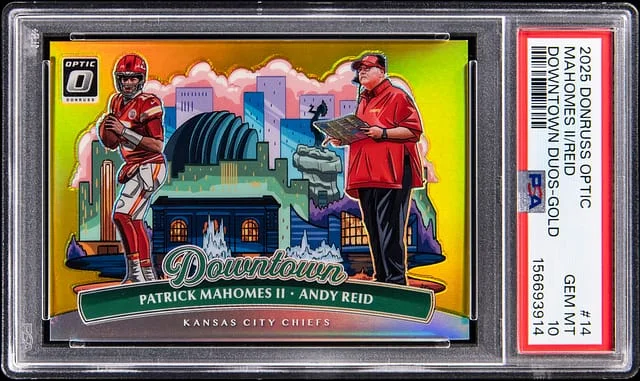2025 Panini Donruss Optic Patrick Mahomes II/Andy Reid Downtown Duos Gold #14 card image
