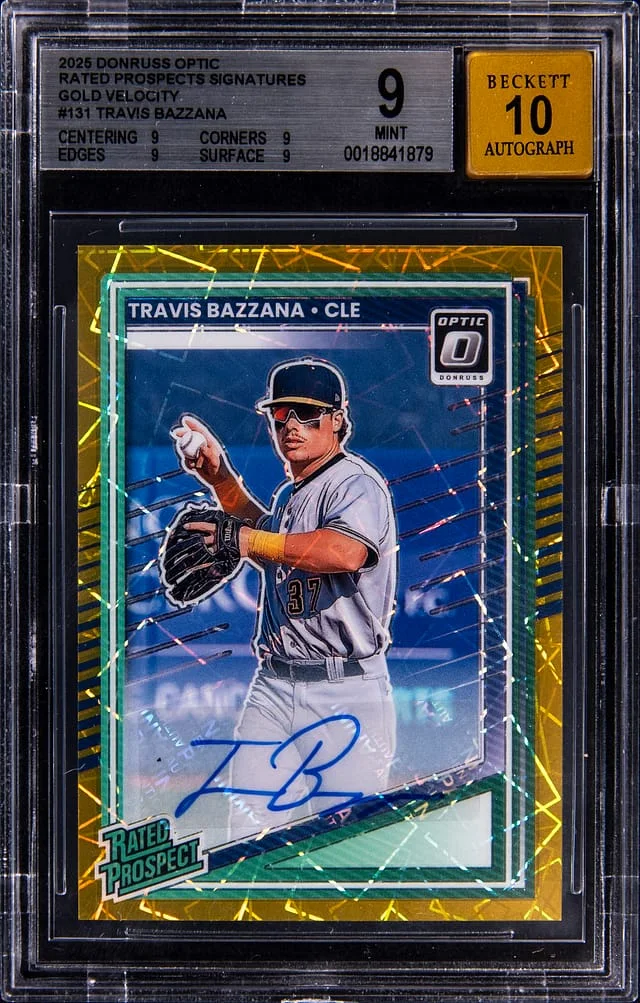 2025 Panini Donruss Optic Travis Bazzana Rated Prospects Signatures Gold Velocity Prizm #131 card image