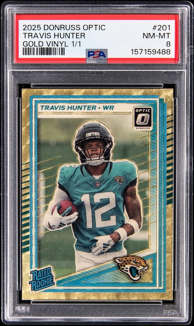 2025 Panini Donruss Optic Travis Hunter Rated Gold Vinyl #201 card image