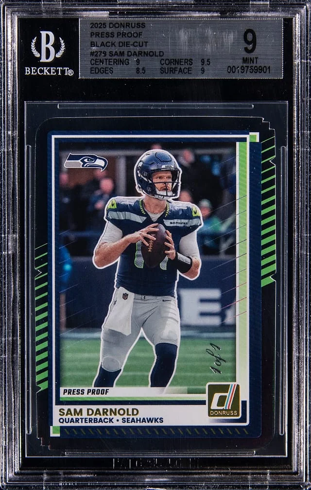 2025 Panini Donruss Sam Darnold Press Proof Black Die-Cut #278 card image