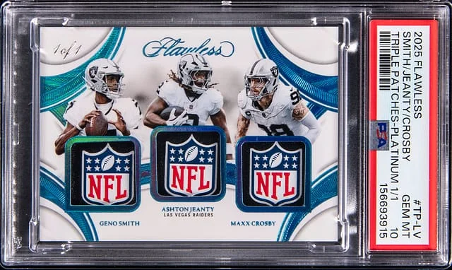 2025 Panini Flawless Ashton Jeanty/Maxx Crosby/Geno Smith NFL Shield Triple Patches Platinum #TP-LV card image