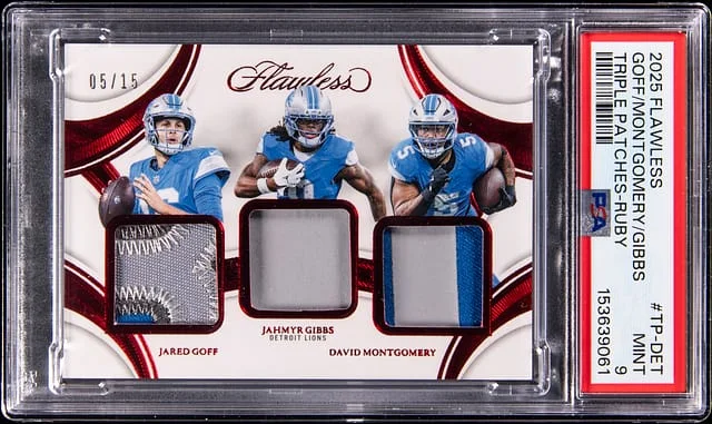 2025 Panini Flawless Jared Goff/Jahmyr Gibbs/David Montgomery Triple Patches Ruby #TP-DET card image