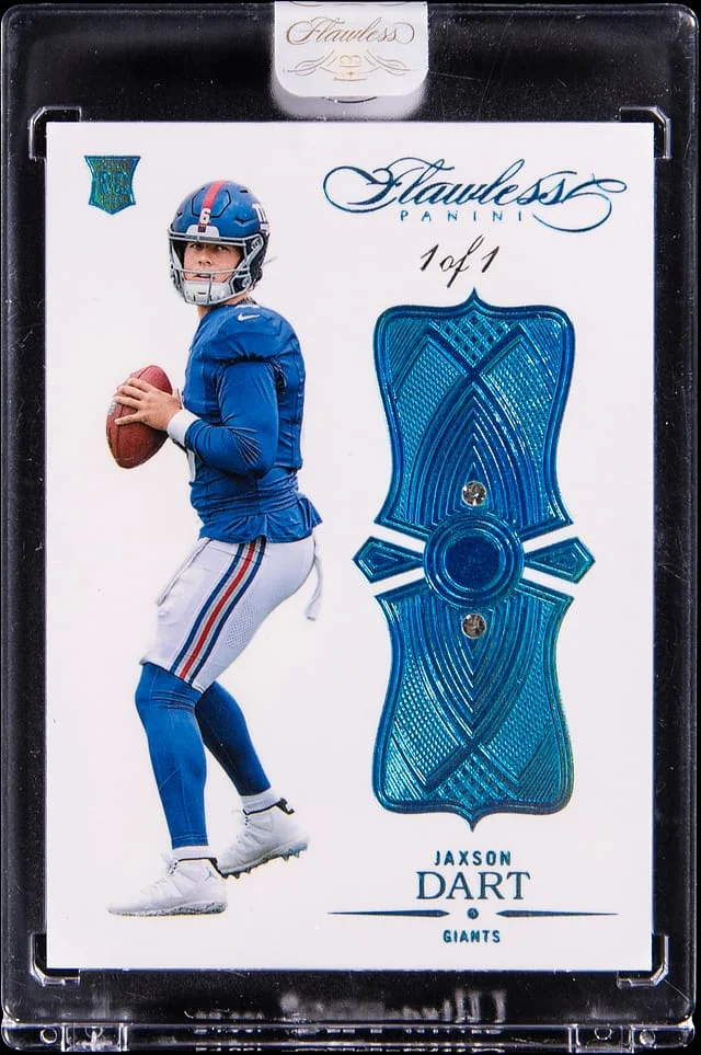 2025 Panini Flawless Jaxson Dart Diamond Relic - Panini Encased Anniversary Platinum #25 card image