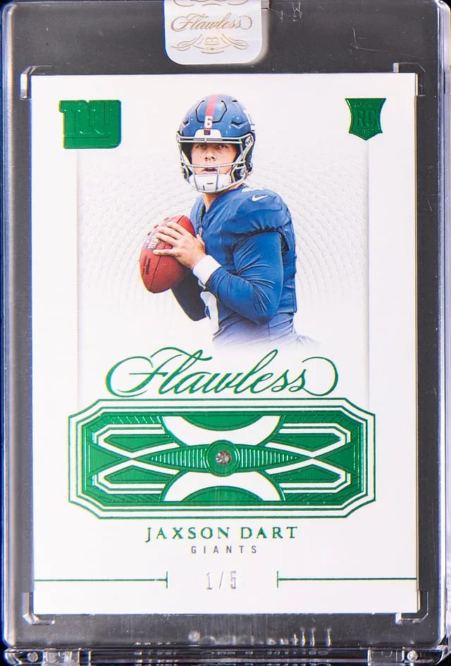 2025 Panini Flawless Jaxson Dart Diamond Relic - Panini Encased Emerald #RF-JDT card image