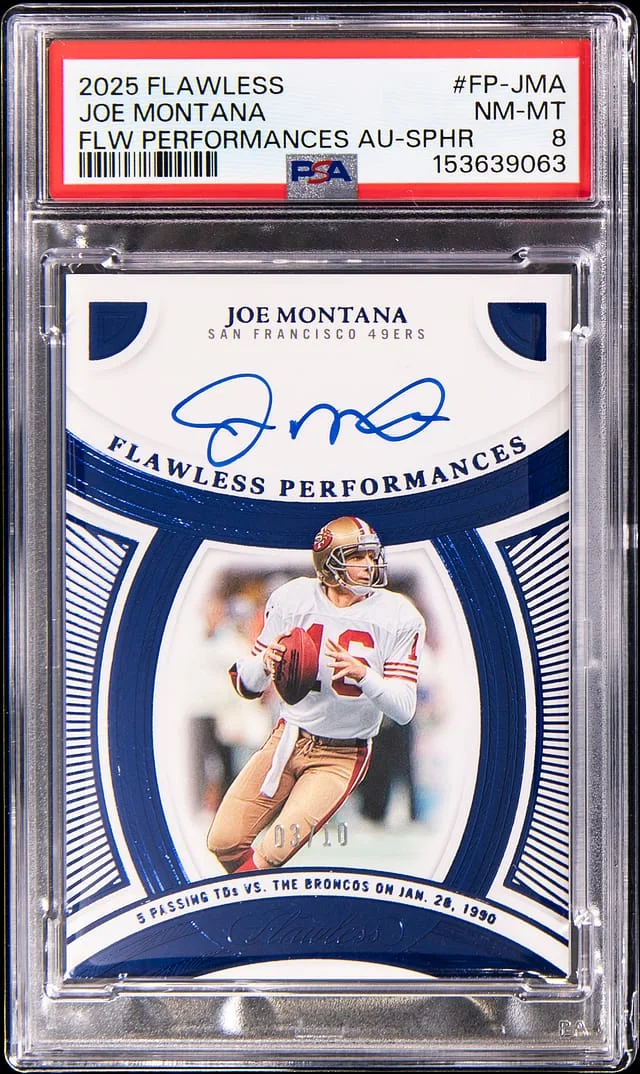 2025 Panini Flawless Joe Montana Flawless Performances Autograph-Sapphire #FP-JMA card image