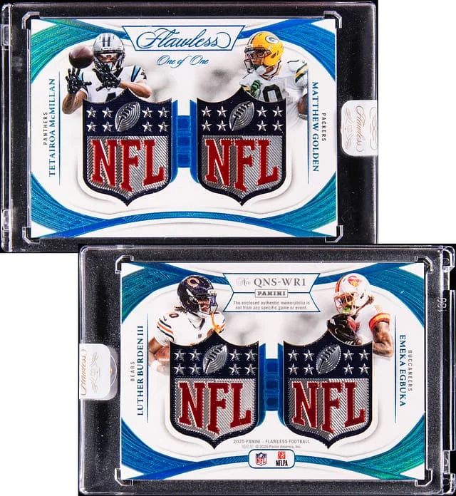 2025 Panini Flawless Luther Burden III/Emeka Egbuka/Matthew Golden/Tetairoa McMillan Quad NFL Shields #QNS-WR1 card image