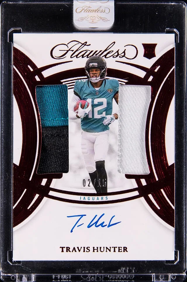 2025 Panini Flawless Travis Hunter Dual Patch Autographs Ruby #RDPA-THR card image