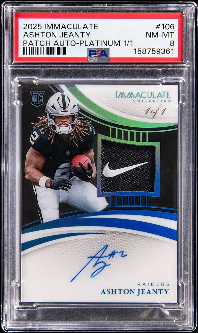 2025 Panini Immaculate Ashton Jeanty Patch Autographs (RPA) Platinum #106 card image