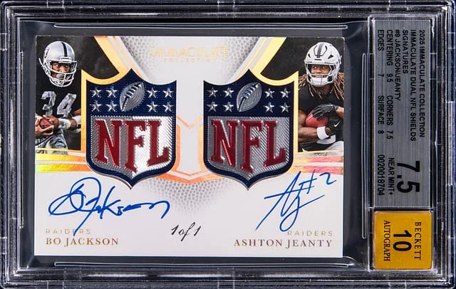 2025 Panini Immaculate Collection Bo Jackson/Ashton Jeanty Dual NFL Shields Signatures #DNSS-RAI card image