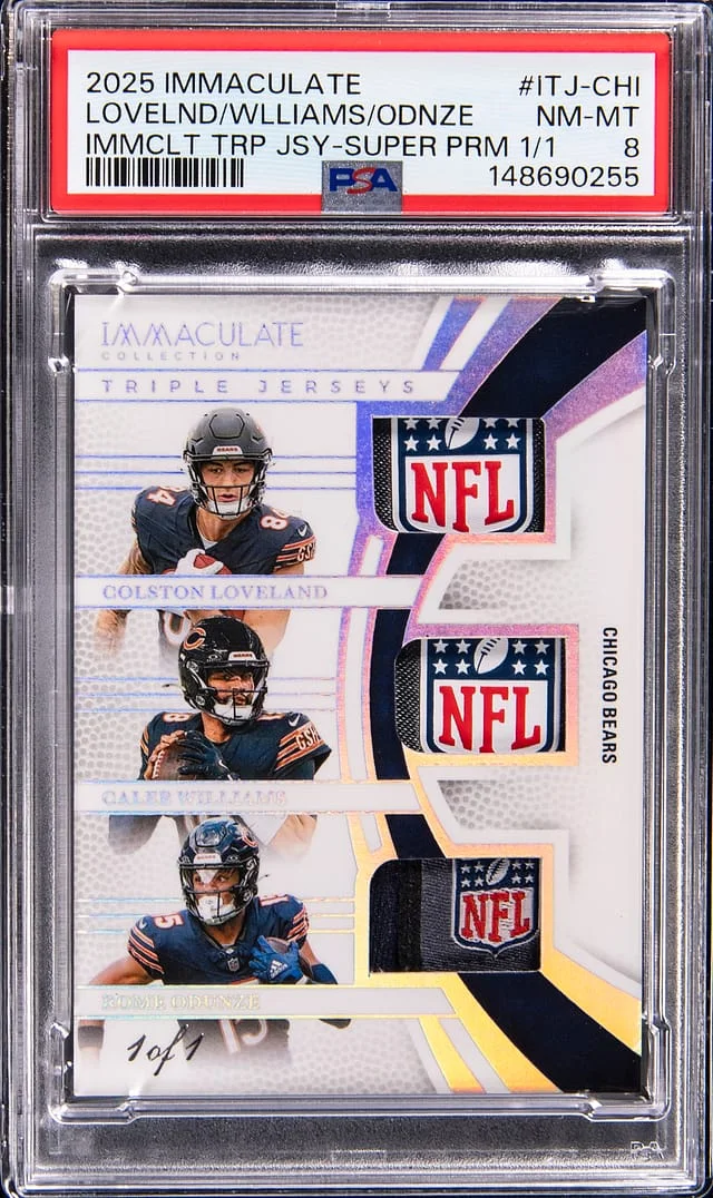 2025 Panini Immaculate Collection Colston Loveland/Caleb Williams/Rome Odunze Immaculate Triple Jerseys Super Prime #ITJ-CHI card image