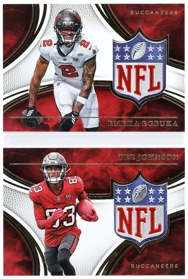2025 Panini Immaculate Emeka Egbuka/Tez Johnson Patch Booklet Dual Shields Booklet #RDSB-TB card image
