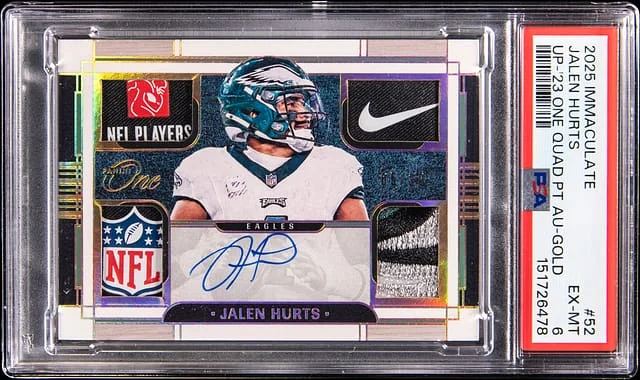 2025 Panini Immaculate Jalen Hurts Update '23 One Quad Patch Autograph Gold #52 card image