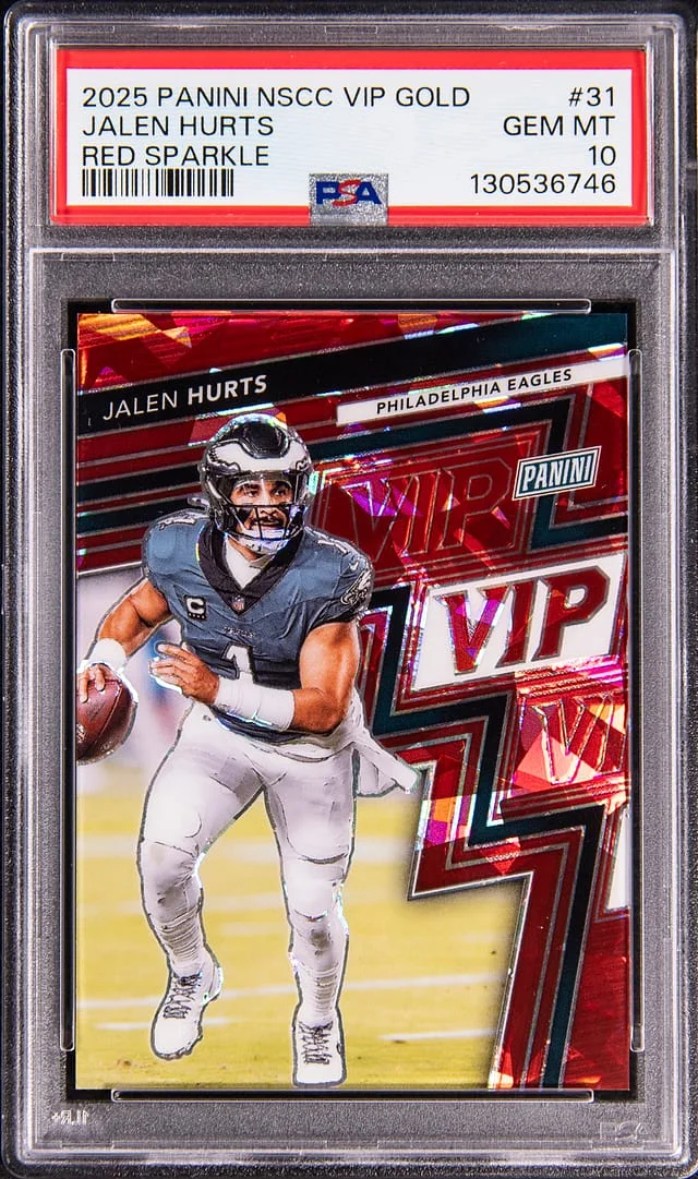 2025 Panini Jalen Hurts NSCC VIP Gold Red Sparkle #31 card image