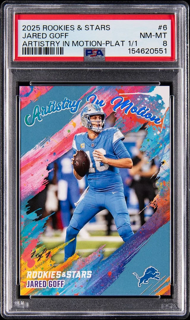 2025 Panini Jared Goff Rookies & Stars Artistry in Motion Platinum #6 card image