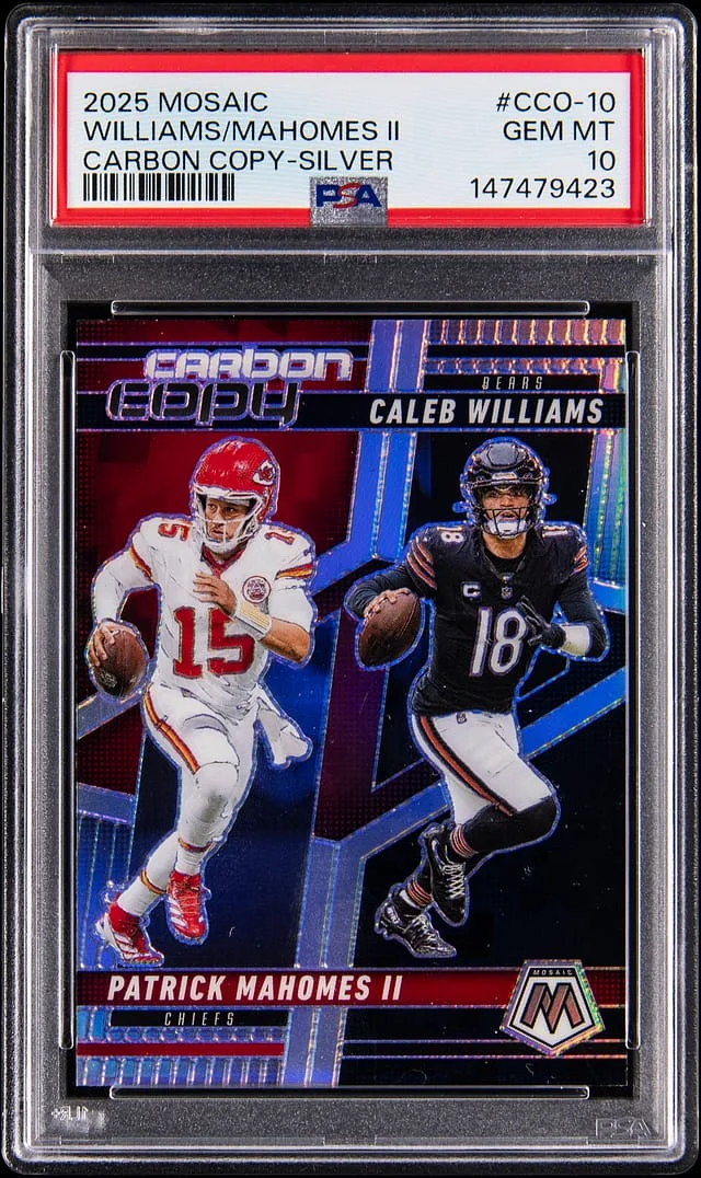 2025 Panini Mosaic Caleb Williams/Patrick Mahomes II Carbon Copy-Silver #CCO-10 card image